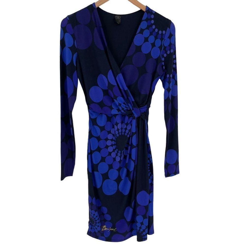 Desigual Long Sleeve Faux Wrap Dress Knee Length Women‎ EU Small US XS Blue